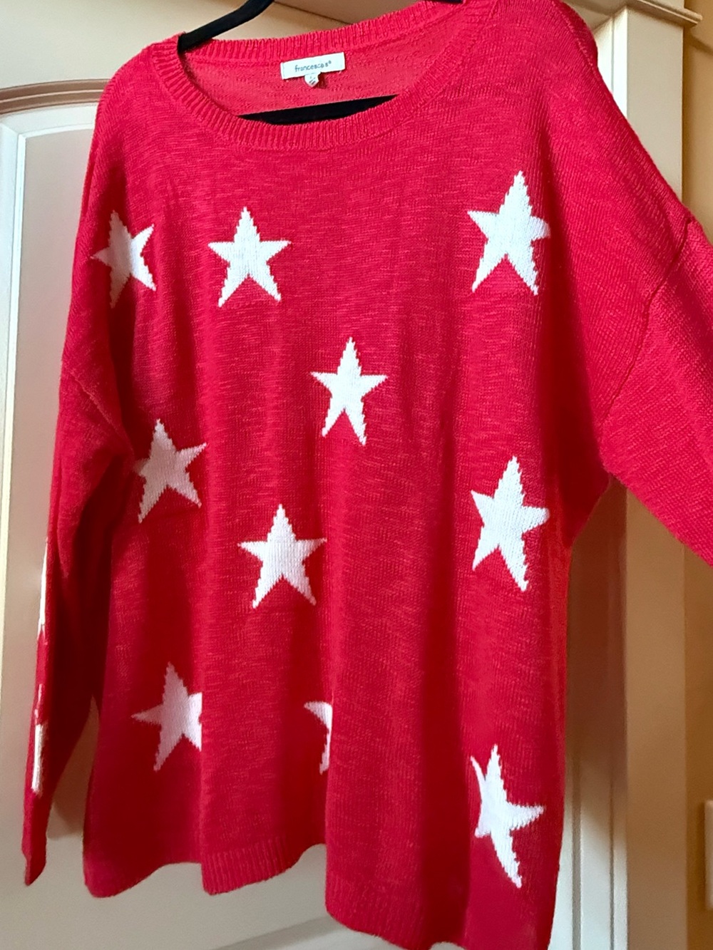 Francesca's Sz L Red Crewneck Sweater,White Star Pattern Cozycore Countrycore